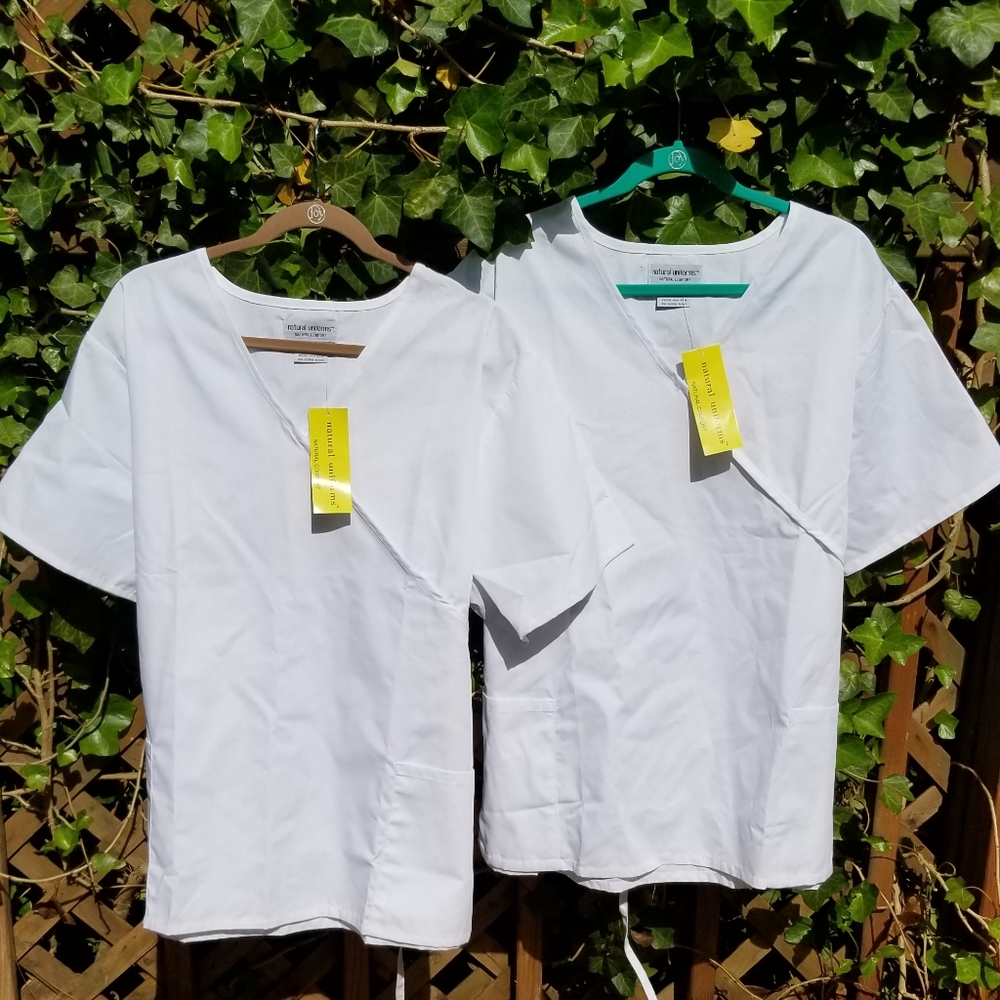 2 Scrub Tops mock wrap with ties & 2 pockets